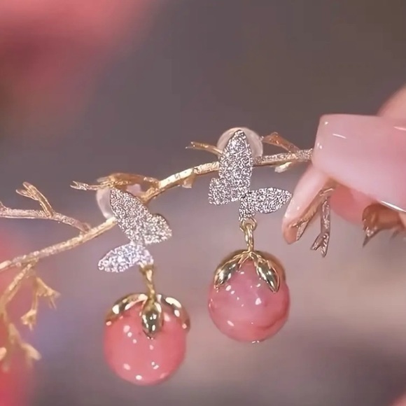 Butterfly Strawberry Diamond Drop Earrings - Picture 1 of 5